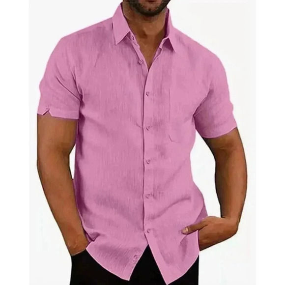 DELCARINO Men's M Short Sleeve Button Up Linen Shirt Summer Casual Pocket Pink - Picture 2 of 8